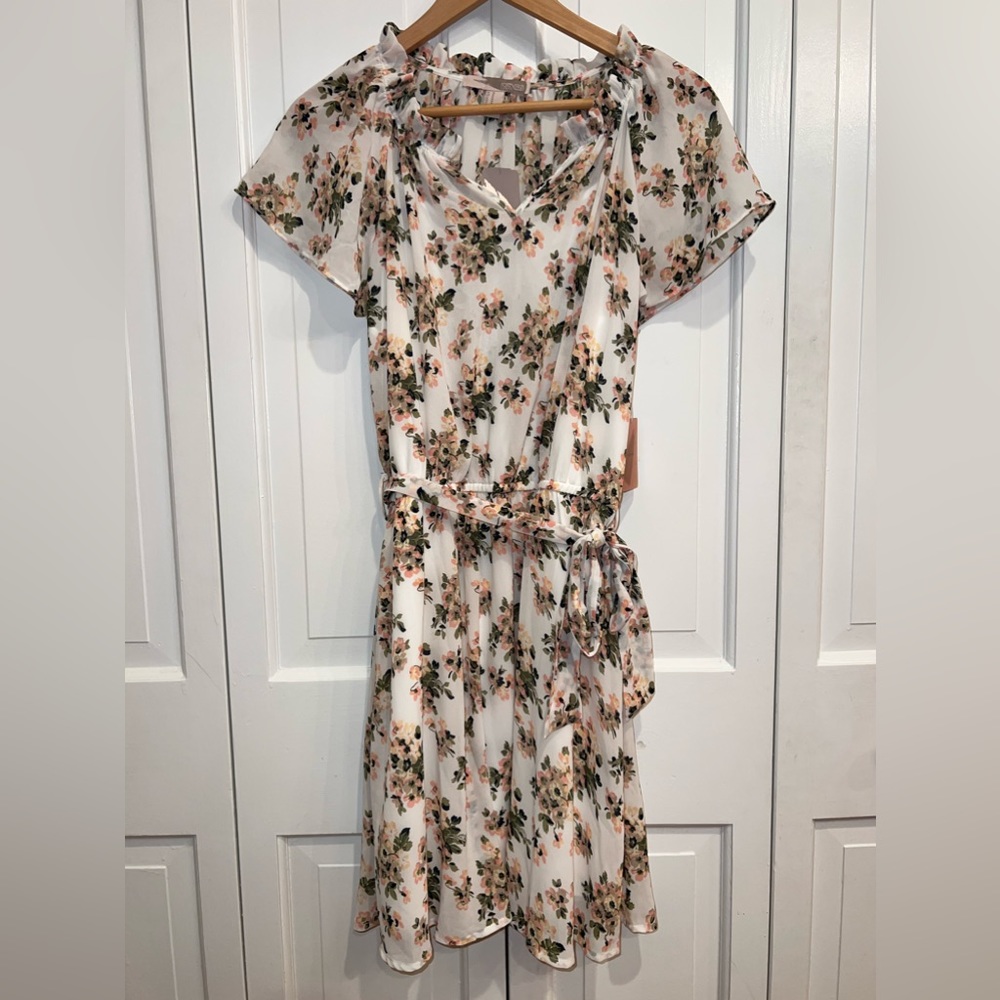 Ivory flutter sleeve chiffon floral dress